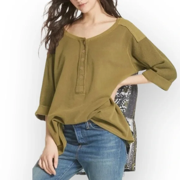 Free People Women's COOL BABY Pull Over Floral Back Top Shirt Henley Mos… - Picture 2 of 5